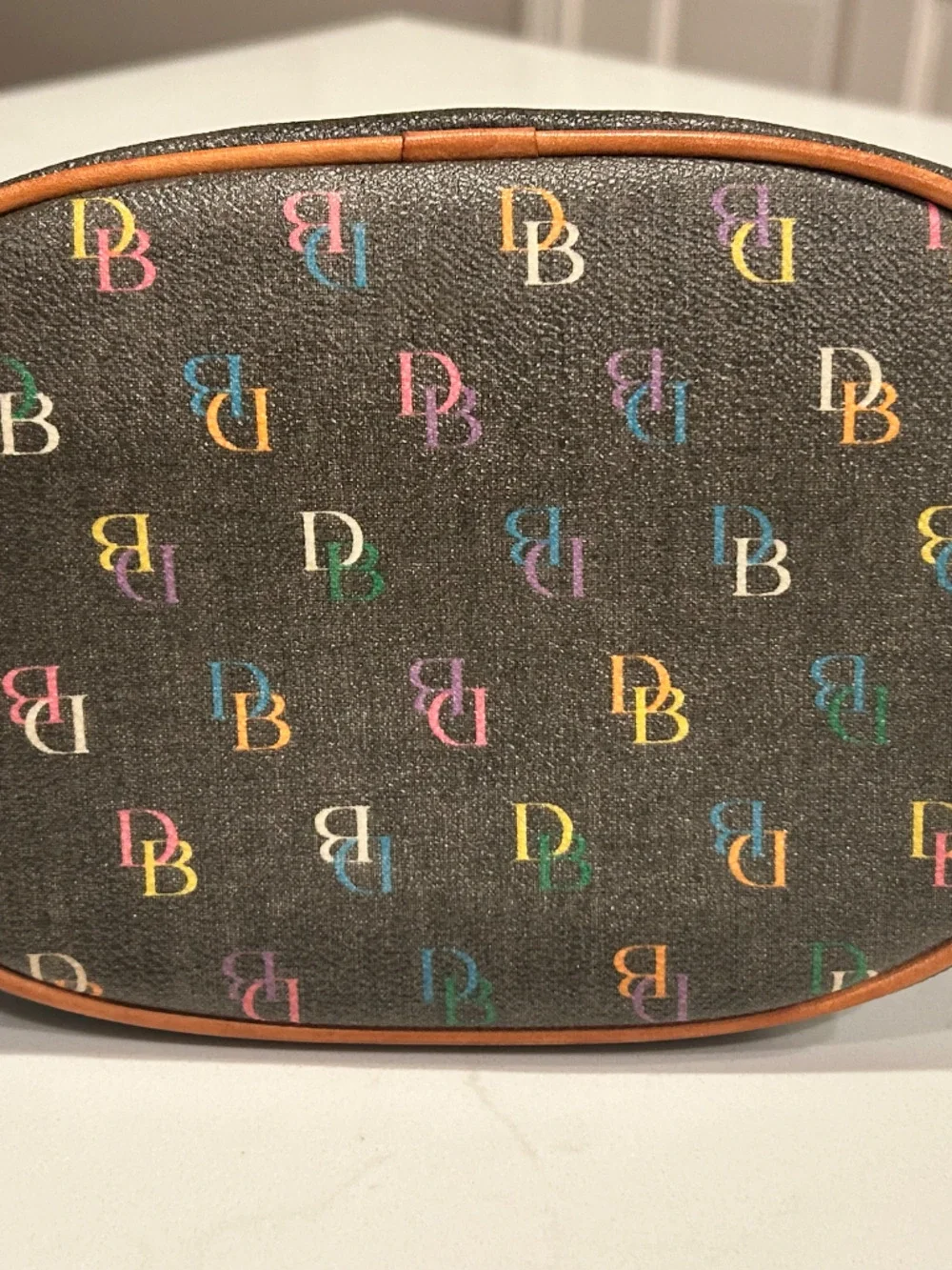Vintage Dooney & Bourke Rainbow Monogram Brown Leather Pink Heart Zipper Handbag